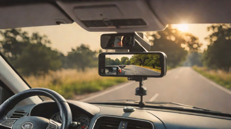 Видеорегистратор с функцией Wi-Fi подключён к смартфону для просмотра видео в реальном времени.