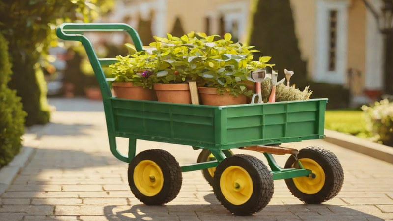 Пример садовой тележки с регулируемыми ручками и широкой платформой