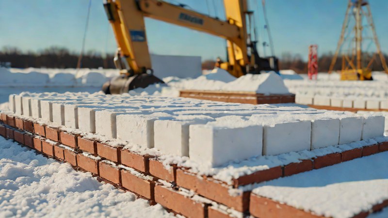 Строители смотрят на готовую кладку газобетонных блоков в Нижнем Новгороде